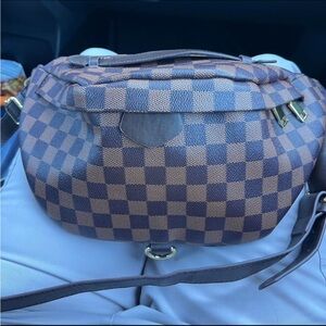 Checked Brown Canvas Crossbody Bag with Adjustable Strap